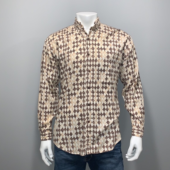 Perry Ellis Button Down Long Sleeve Shirt, Tan, Brown and Cream color - Picture 1 of 8